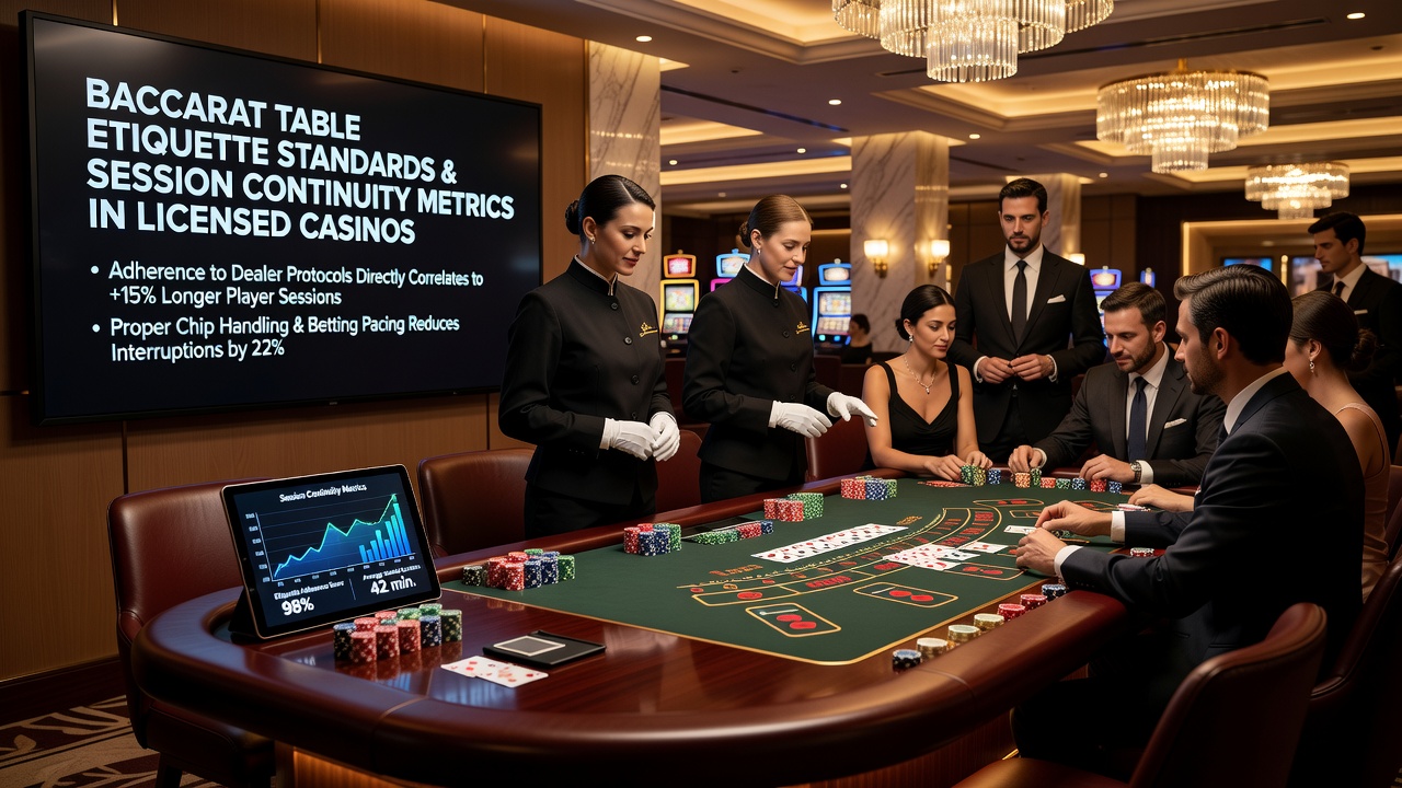 Detailaufnahme eines Baccarat-Tisches mit Fokus auf Spielerinteraktionen und Etikette in einem Casino