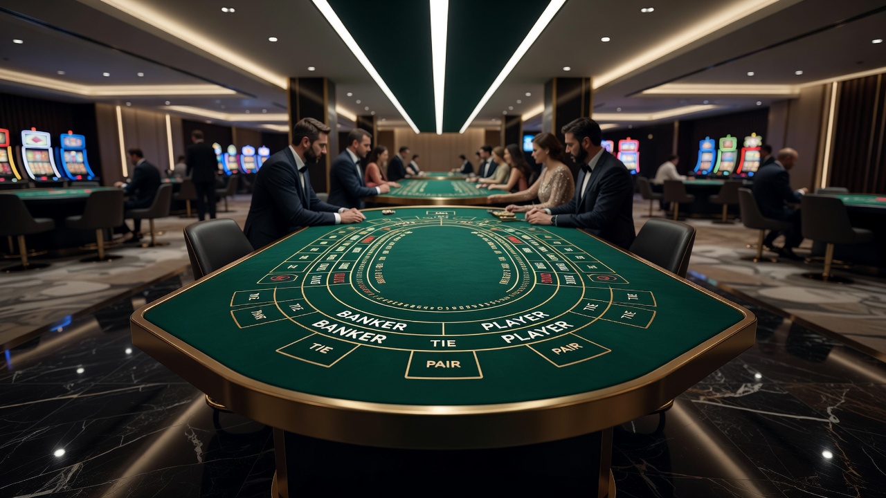 Baccarat-Tische im Casino-Floor mit Aufmerksamkeitsflüssen und Nachbartischen