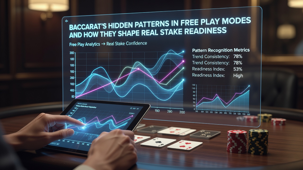 Spieler analysiert Baccarat-Scoreboard auf einem mobilen Gerät im Free-Play-Modus