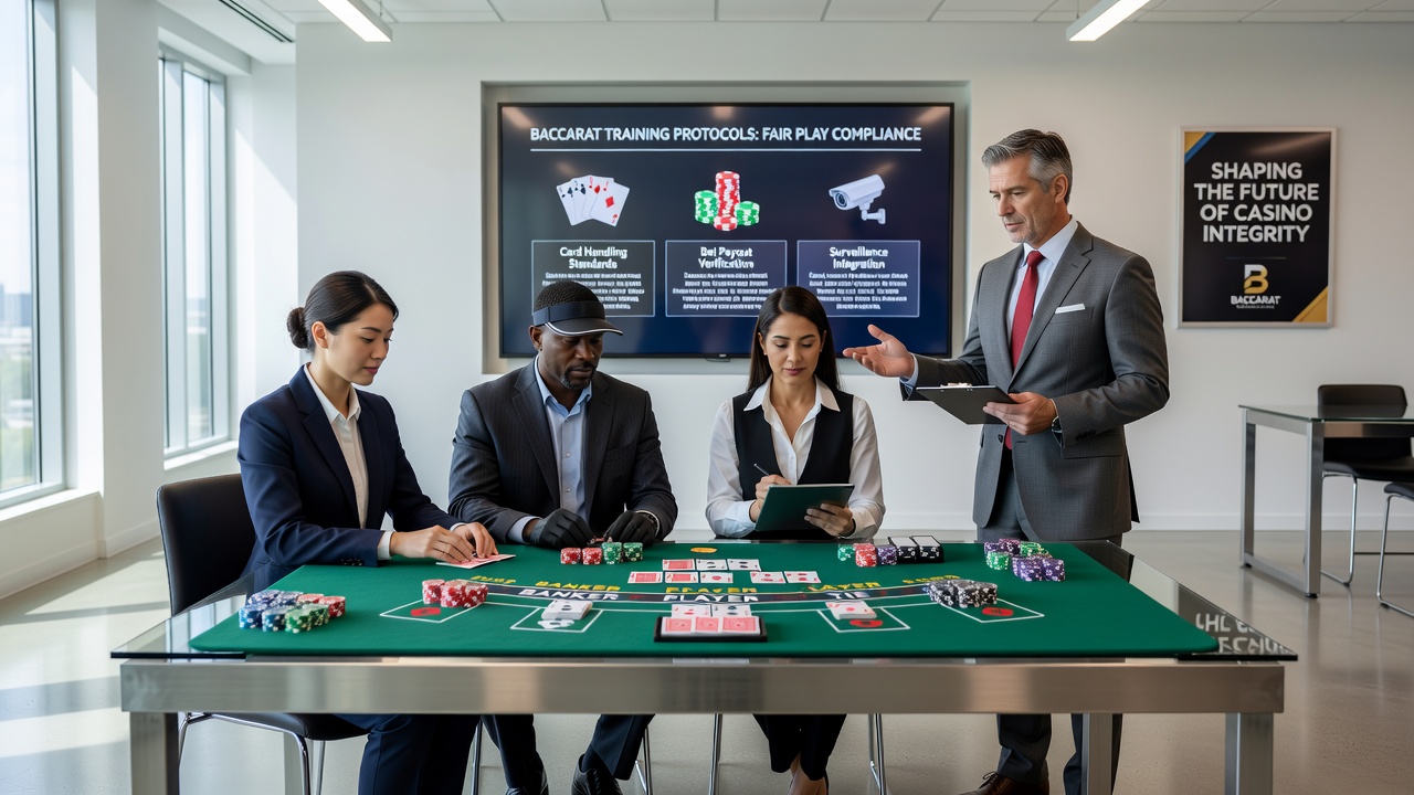 Schulungsszene in einem Casino mit Fokus auf Fair-Play-Compliance-Training für Baccarat-Mitarbeiter