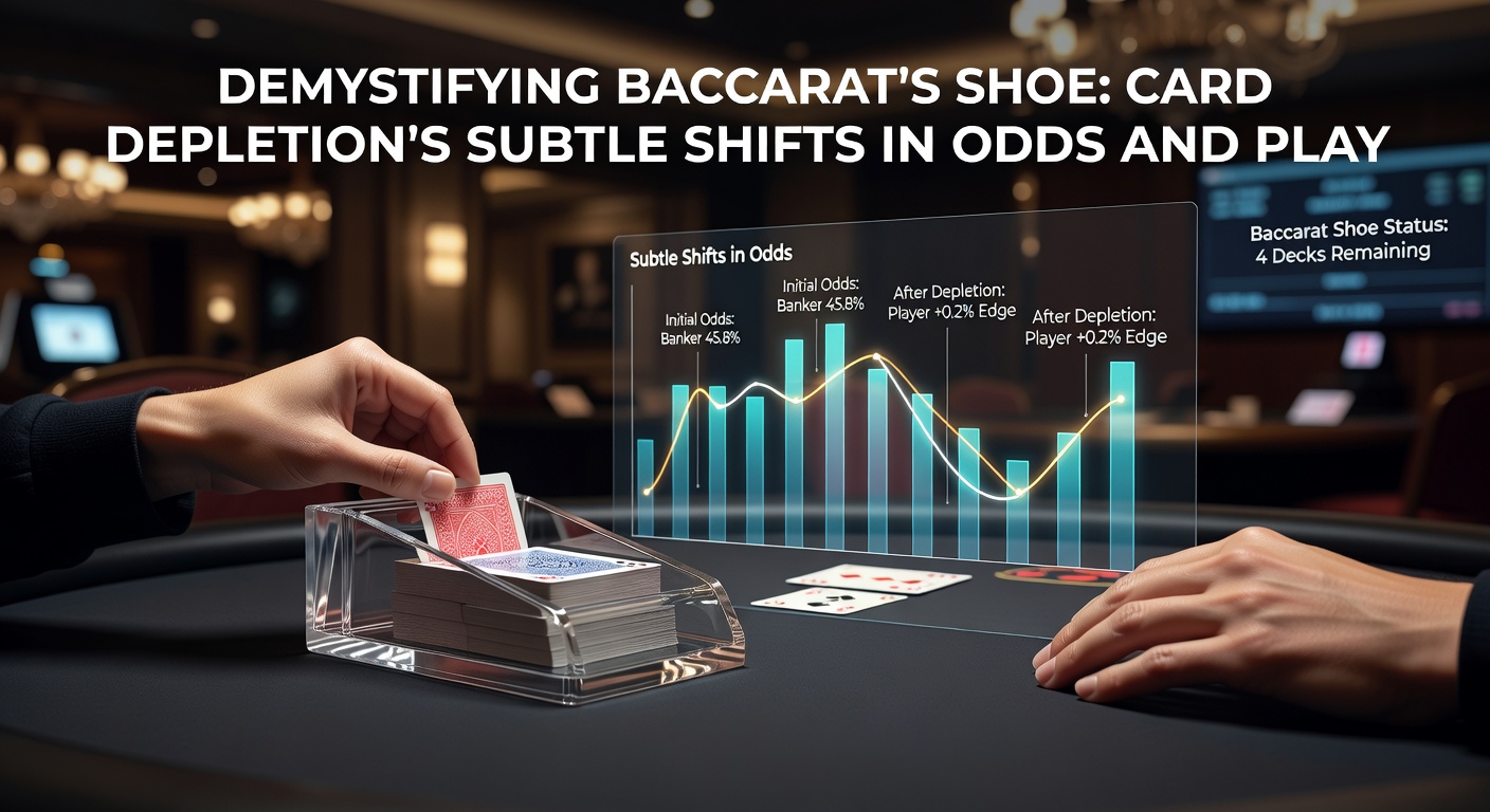 Detaillierte Grafik einer Odds-Tabelle, die zeigt, wie Banker-, Player- und Tie-Wahrscheinlichkeiten über den Schuhverbrauch sinken und steigen, mit Kurven für verschiedene Depletionsstufen