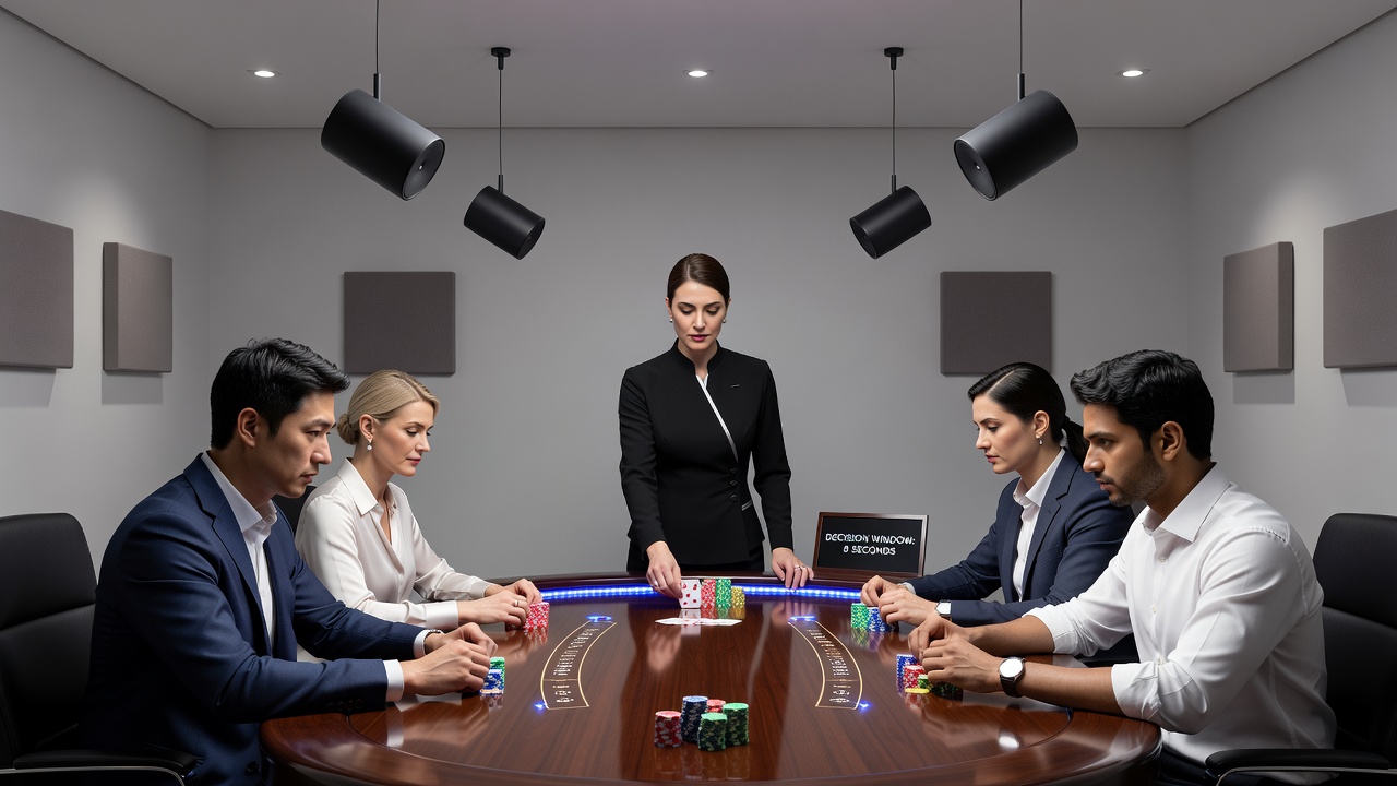 Detailaufnahme eines Live-Baccarat-Tisches mit Fokus auf akustische Elemente und Spielerinteraktion