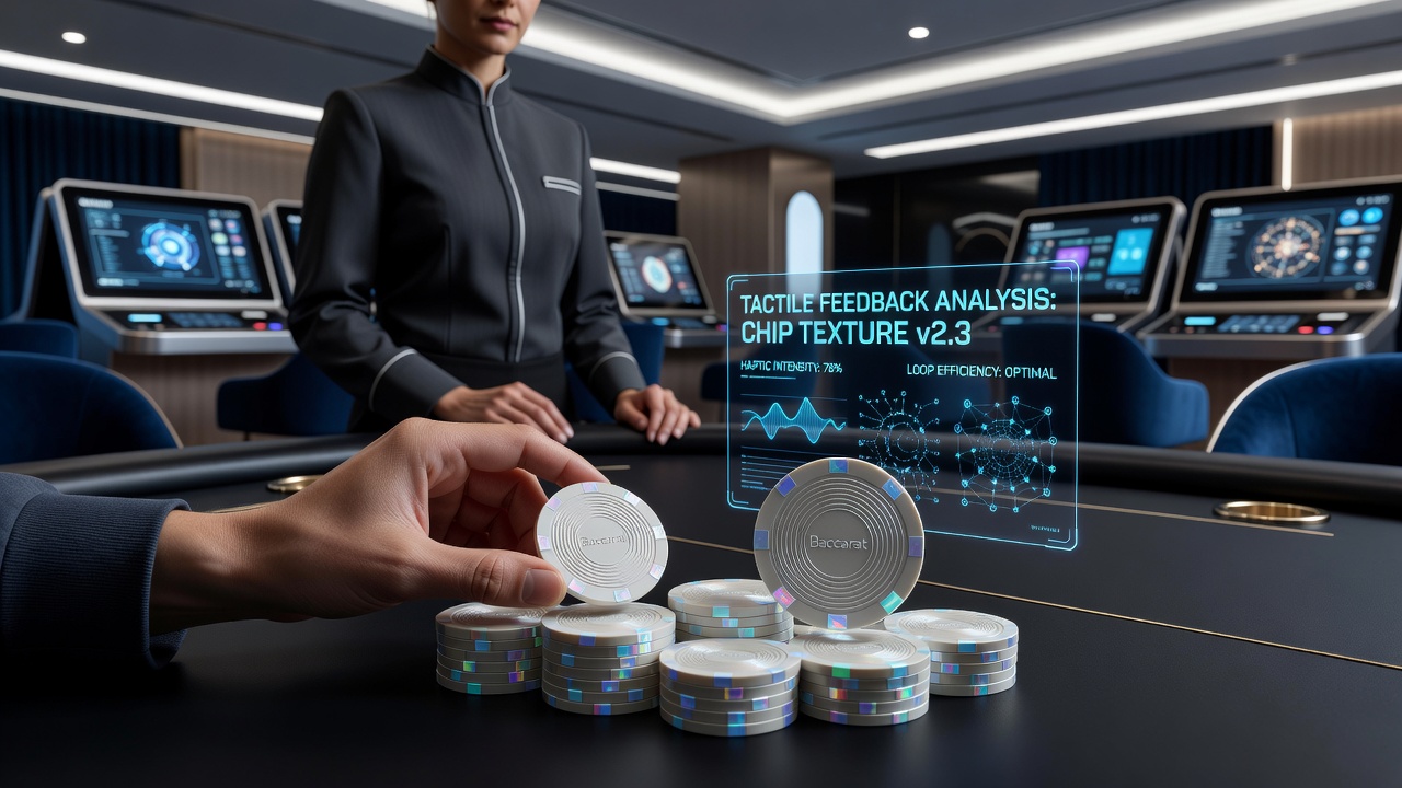 Nahaufnahme von Baccarat-Chips mit taktilen Strukturen und digitalen Sensorflächen in einem hybriden Setup