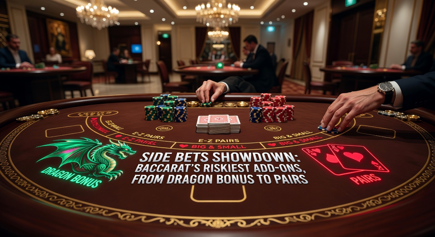 Nahaufnahme von Pair-Side-Bets auf einem Baccarat-Tisch, mit Chips auf Player Pair und Banker Pair, während Karten ausgeteilt werden