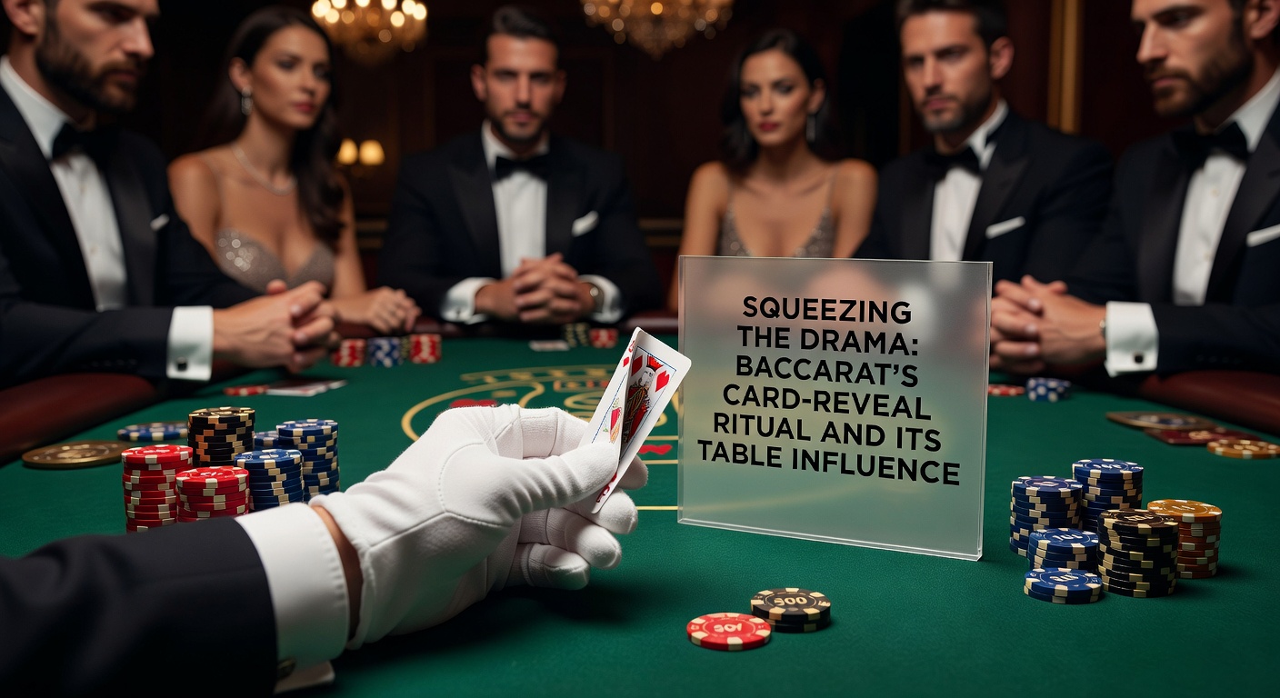 Nahaufnahme einer langsam enthüllten Baccarat-Karte am VIP-Tisch, mit angespannten Gesichtern im Hintergrund