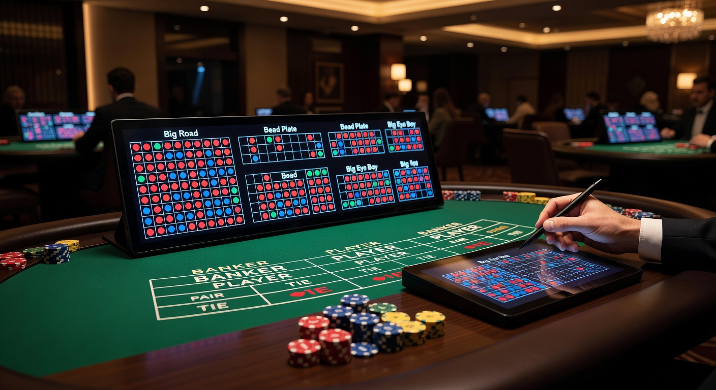 Nahaufnahme einer Big Road mit langen roten Streaks und abgeleiteten Roads darunter, typisch für asiatische Baccarat-Tische